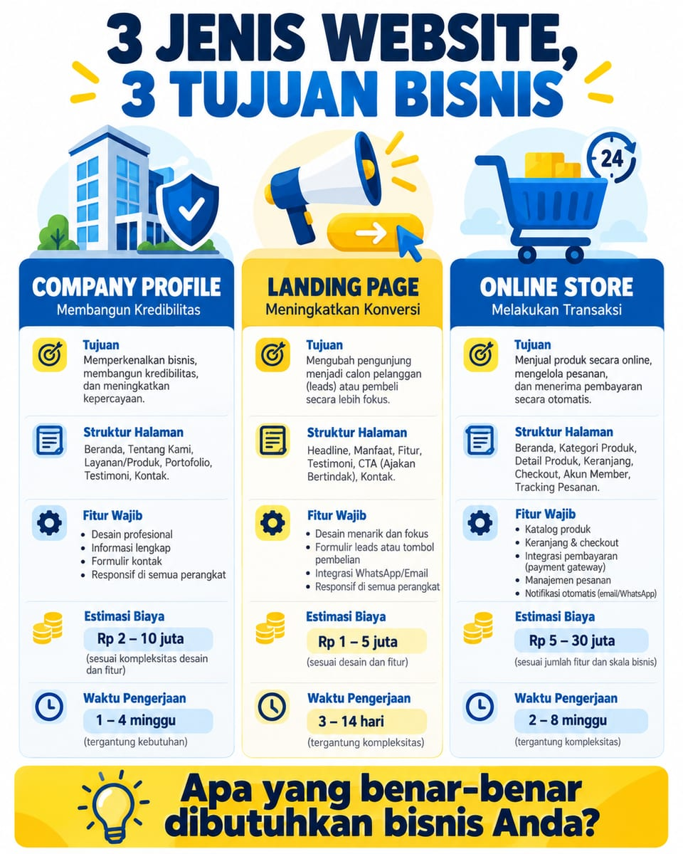 Company Profile, Landing Page, atau Toko Online? Tiga Website, Tiga Tujuan Bisnis yang Berbeda